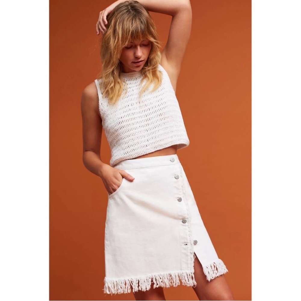 Anthropologie Pilcro & The Letterpress White Denim Fringe Skirt Size 12